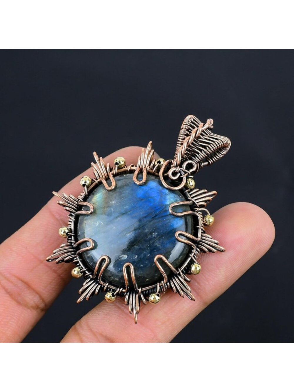 Handmade Blue Flashy Labradorite Pendant Necklace, Copper Wire Wrapped Jewelry - Picture 3 of 7